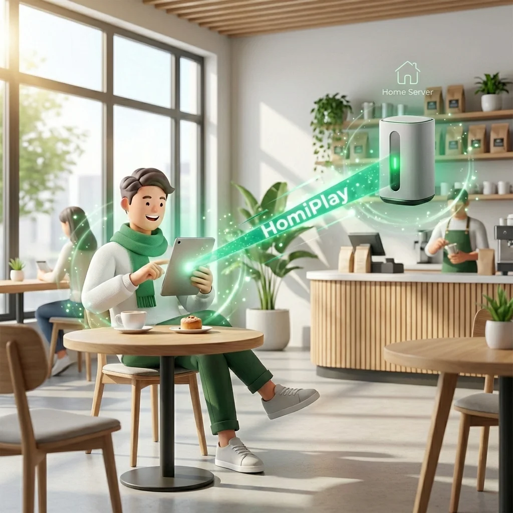 User enjoying low-latency streaming from home server via HomiPlay